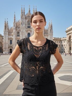 Black Lace Cap Sleeve Blouse - Sheer Floral Overlay